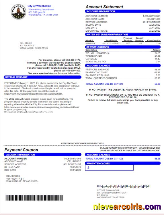USA CITY OF WAXAHACHIE utility bill